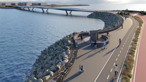 Illustration of the biking and walking area by the upcoming Fossvogur Bridge. Ocean, people, water, bridge.