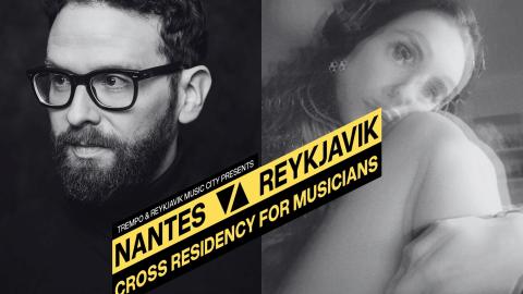 samsett mynd, Úlfur Eldjárn til vinstri, Julie Trouvé til hægri. Svarthvít. Grafískt skilti í miðju sem segir að þau verði í Nantes residency tónlistarsamstarfinu