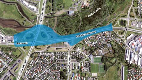 overview map of the Reykjanesbraut and Bústaðavegur intersection.
