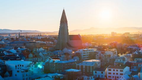 Overview of Reykjavík with Hallgrímskirkja in the center of the image.