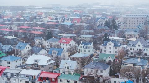 Drone photo of Reykjavík city center during snowfall