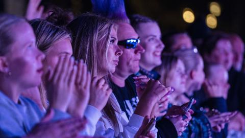 Audience at a concert, close-up, dimly lit, approximately 10 people