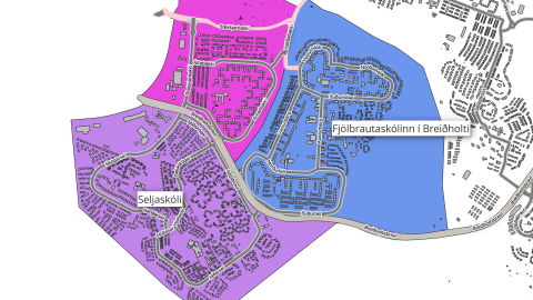 A map of Breiðholt highlighting the two new polling stations, Seljaskóli and FB.