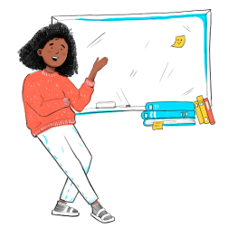 Illustrated image of a teacher in a red sweater with shoulder-length black hair standing at a board.